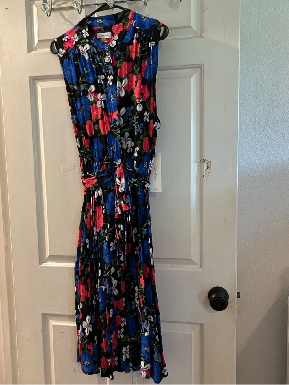 Calvin Klein Black Midi Dress with Blue, Red & White Floral Print